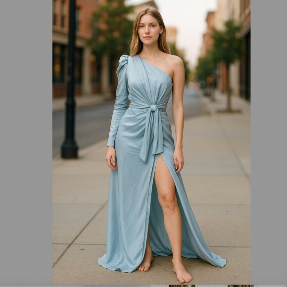 MAC DUGGAL Dress Size 2 Evening Gown NEW Powder Blue One Shoulder Bow Cut Out - Picture 1 of 5